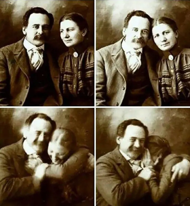 Victorian couple trying not to laugh during portrait