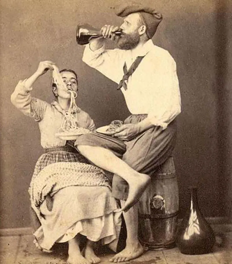 Couple enjoys an Italian meal, 1870.