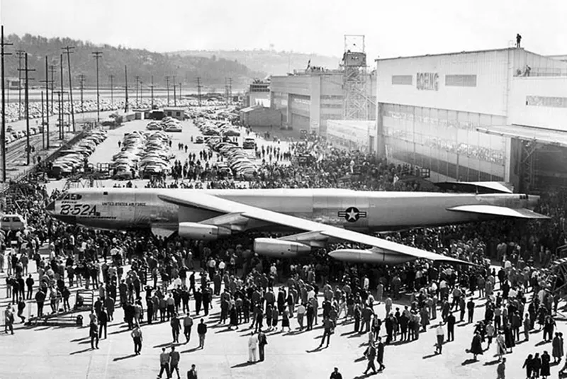 First B-52A rollout at Boeing Seattle plant, March 18, 1954, with tail folded down.