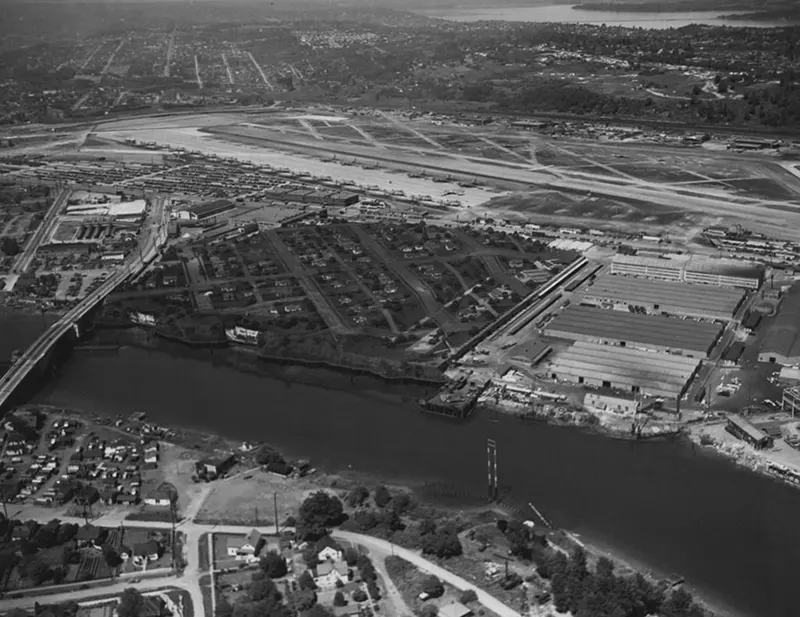 Aerial view of Boeing Plant 2 camouflage aligned with real residential neighborhoods.