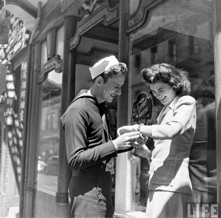 Soldier with present for girlfriend, California, 1943.