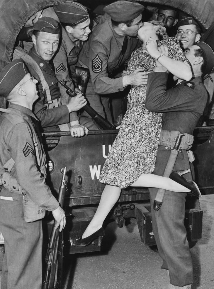 Actress Martha O’Driscoll kisses soldier, Los Angeles, 1941.