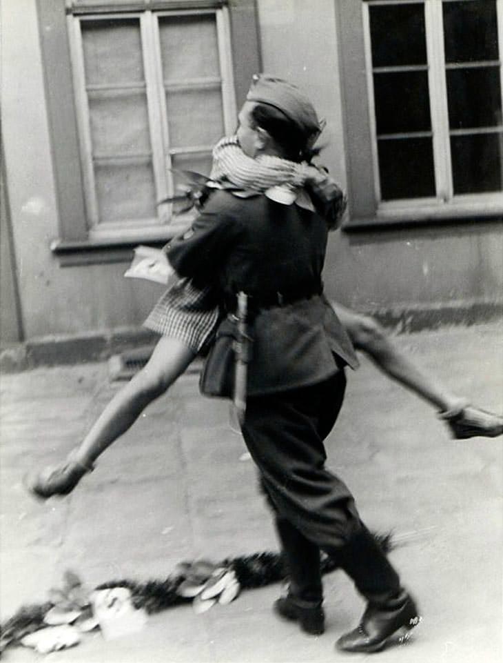 Soldier returning from war, 1940s.