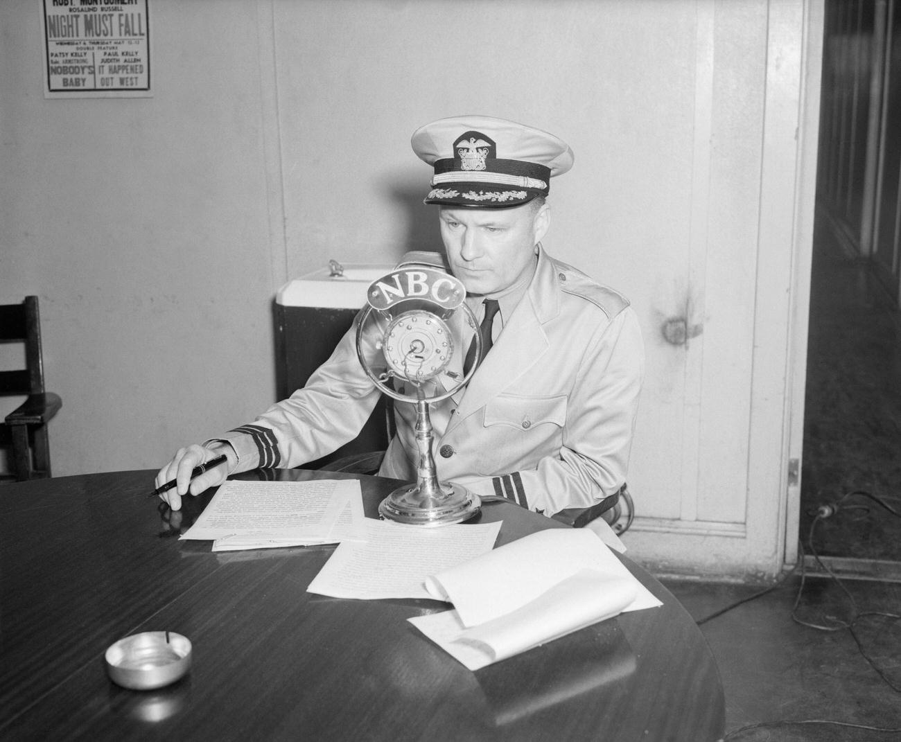 Charles E. Rosendahl Broadcasting from Hindenburg Disaster Site, Lakehurst, N.J., 1937