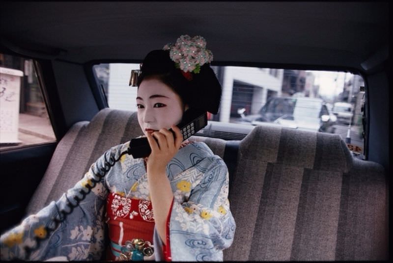 Geisha with car phone, 1988.