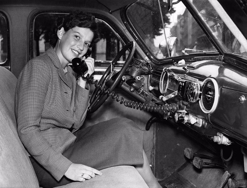 In-car telephone, circa 1950.