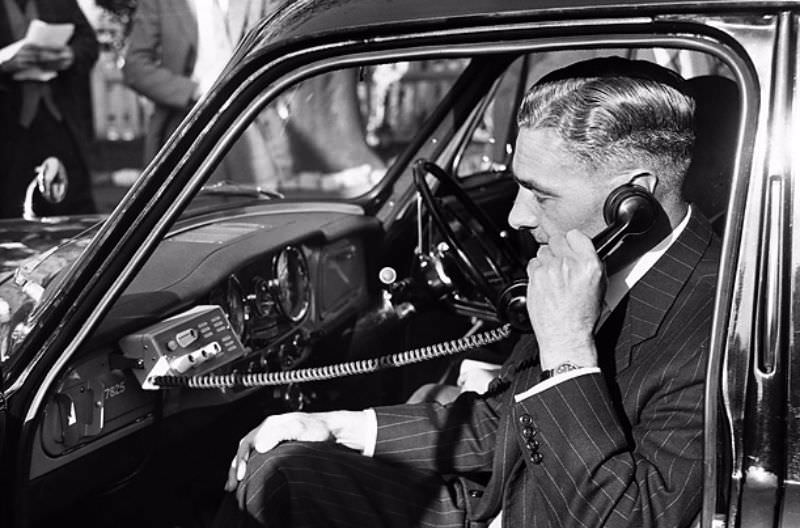 Reginald Blevins inaugurating UK's first radio telephone service, 1959.