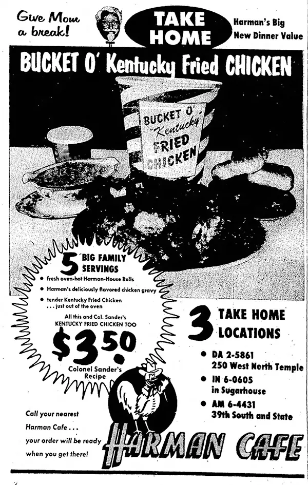 KFC ad, Salt Lake City, featuring the striped bucket, 1957.