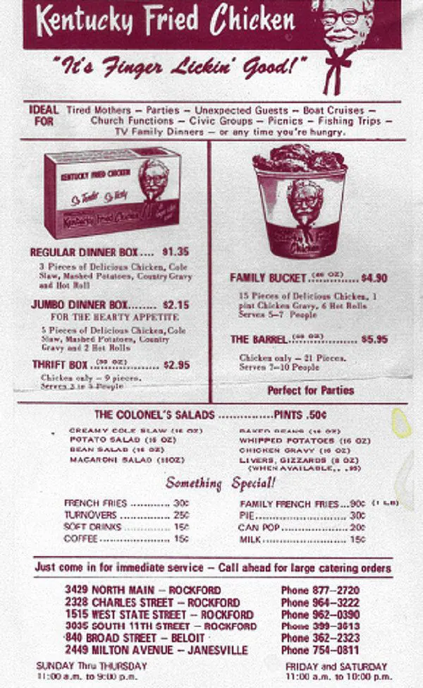 KFC menu, Indiana, 1969.