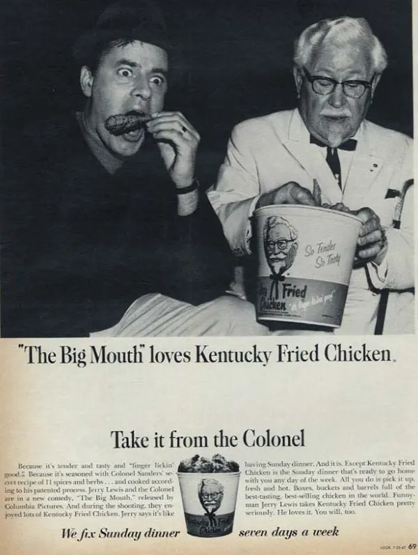Kentucky Fried Chicken ad with Jerry Lewis and Colonel Sanders, 1967.