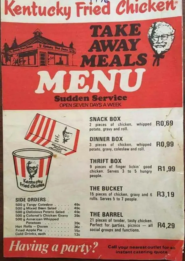 KFC menu, South Africa, 1976.