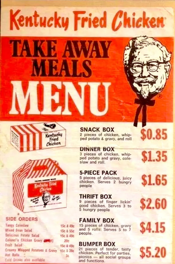 KFC menu, late 1970s.