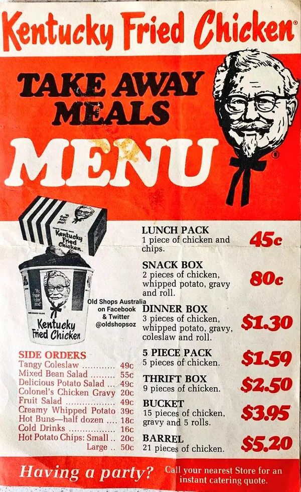 Vintage KFC menu, 1970s.