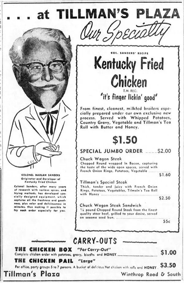 Tillman’s Plaza ad featuring KFC, "It’s Finger Lickin’ Good," 1958.