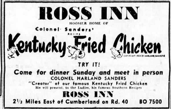 Ross Inn ad, one of the first KFC ads, Cumberland, Indiana, March 1955.