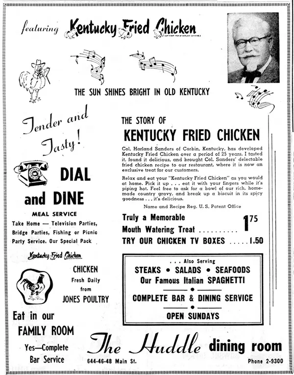 The Huddle restaurant ad featuring "The Story of Kentucky Fried Chicken," Lafayette, Indiana, 1956.