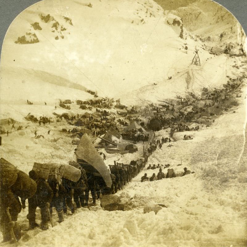 Miners and packers climbing the Golden Stair Trail at Chilkoot Pass, Alaska.