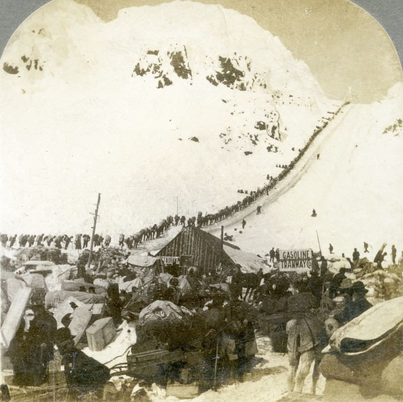 Travelers bound for the Klondike Gold Fields via Chilkoot Pass, Alaska.