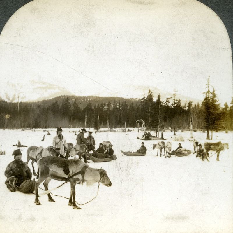 Departure for the Gold Fields on Norway sleds from Haines, Alaska.
