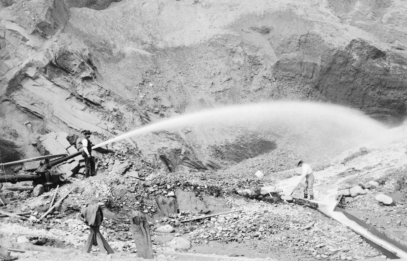 Hydraulic mining operations during the Klondike Gold Rush.