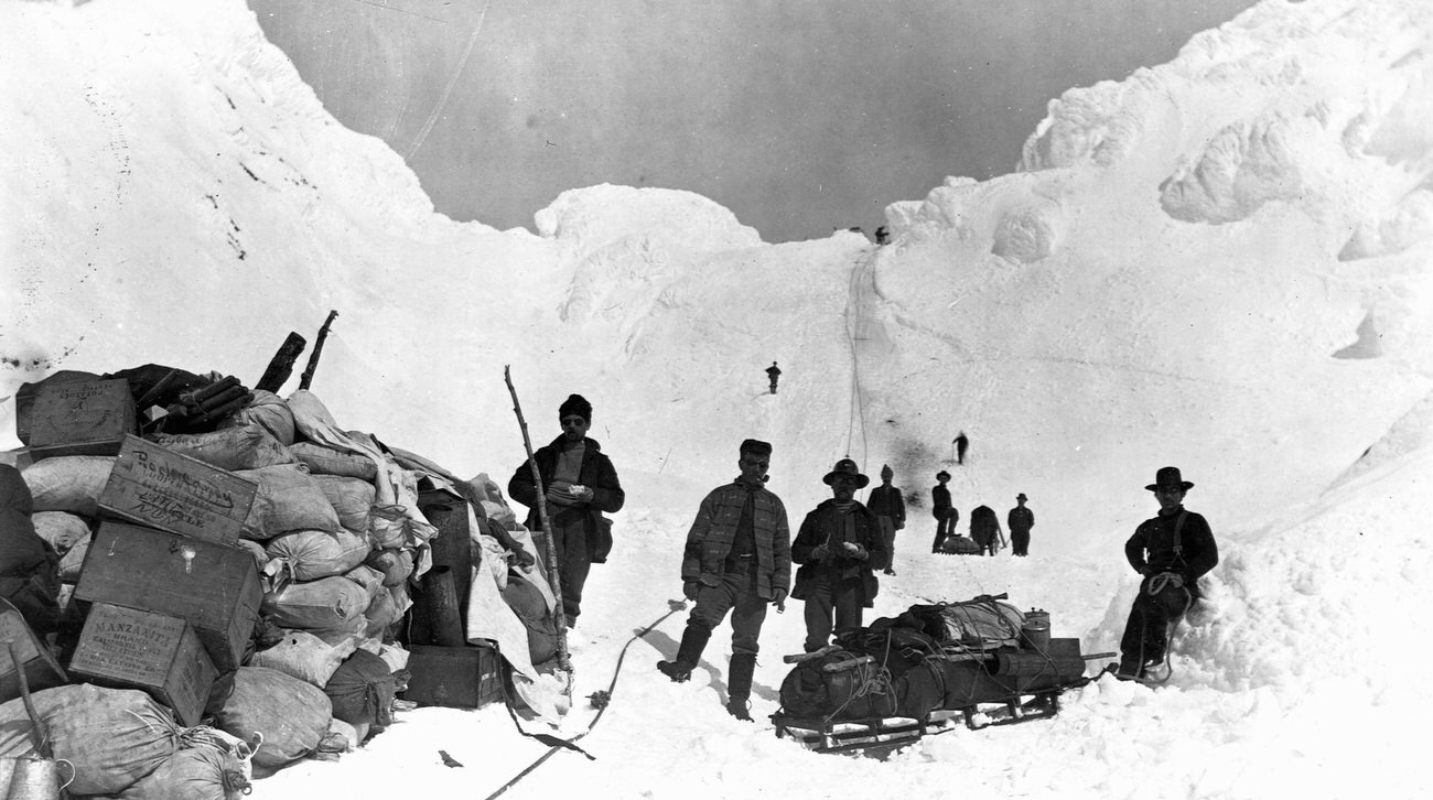 Steep Chilkoot Pass en route to the Klondike goldfields during the peak of the Gold Rush, Alaska, 1897.