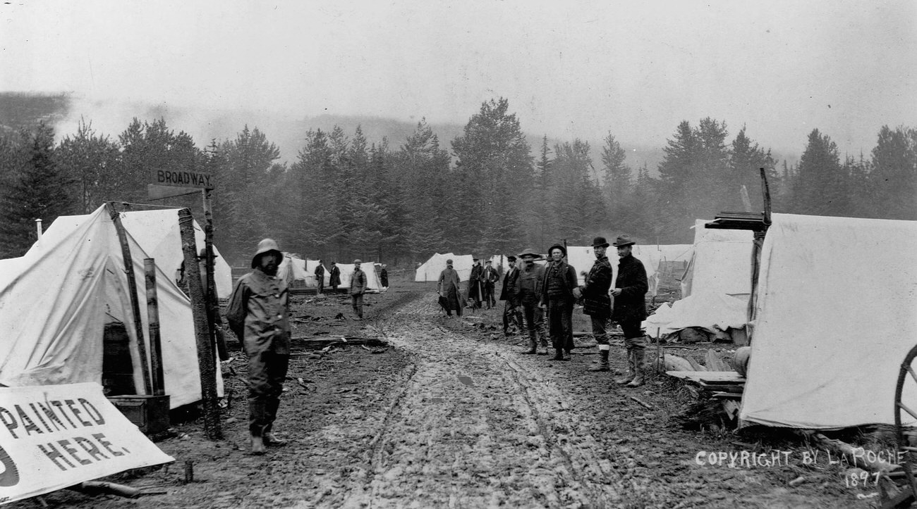 Broadway Street, the main street of Skagway lined with tents, Alaska, August 12, 1897.