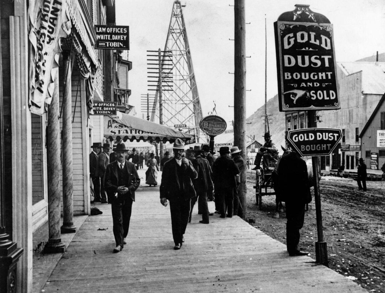 The High Street of Dawson City, Canada, during the Klondike Gold Rush.