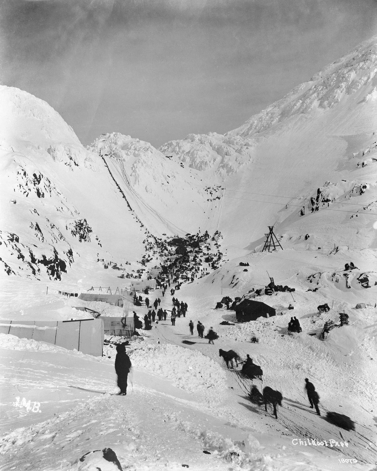 View of Chilkoot Pass, scales, and summit during the Klondike Gold Rush.