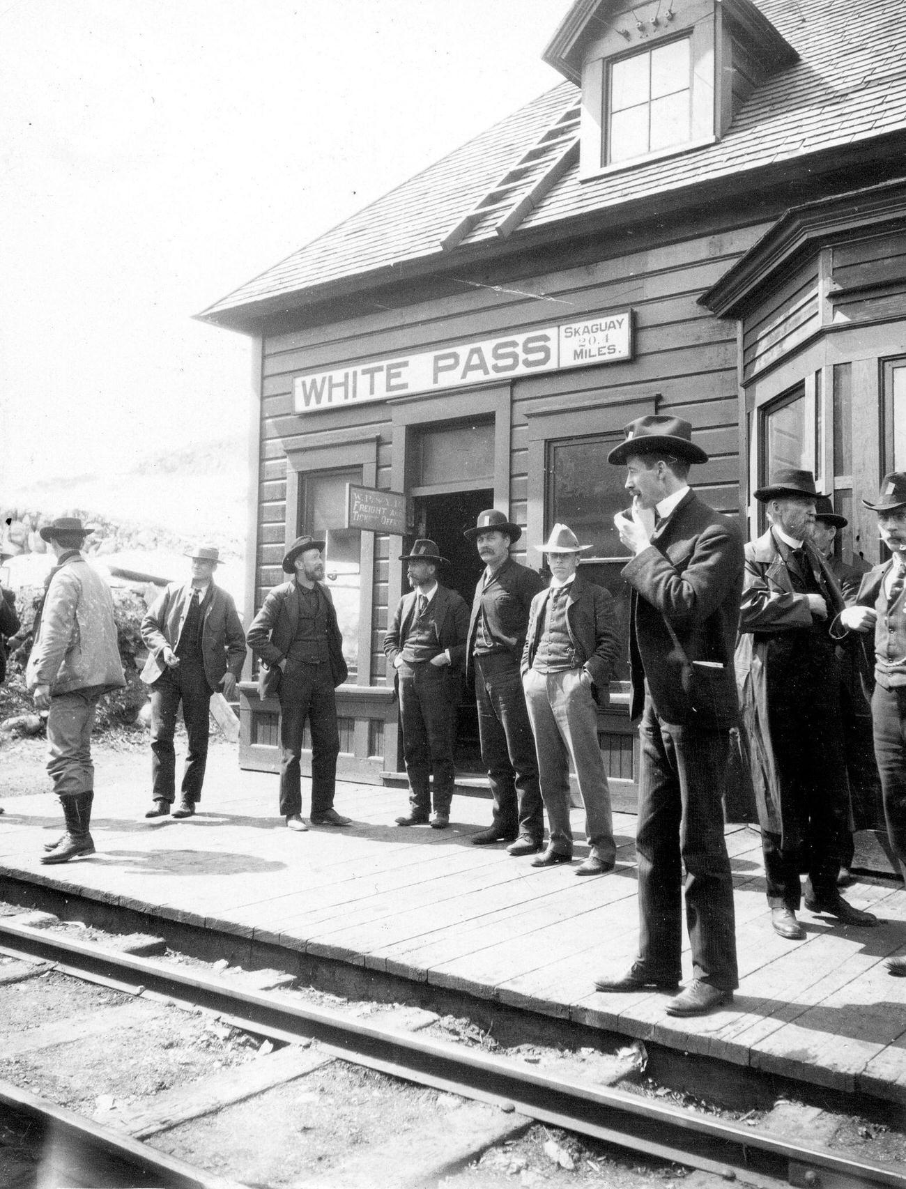 Prospectors at the White Pass and Yukon Railroad Station in Alaska during the Klondike Gold Rush, 1900.
