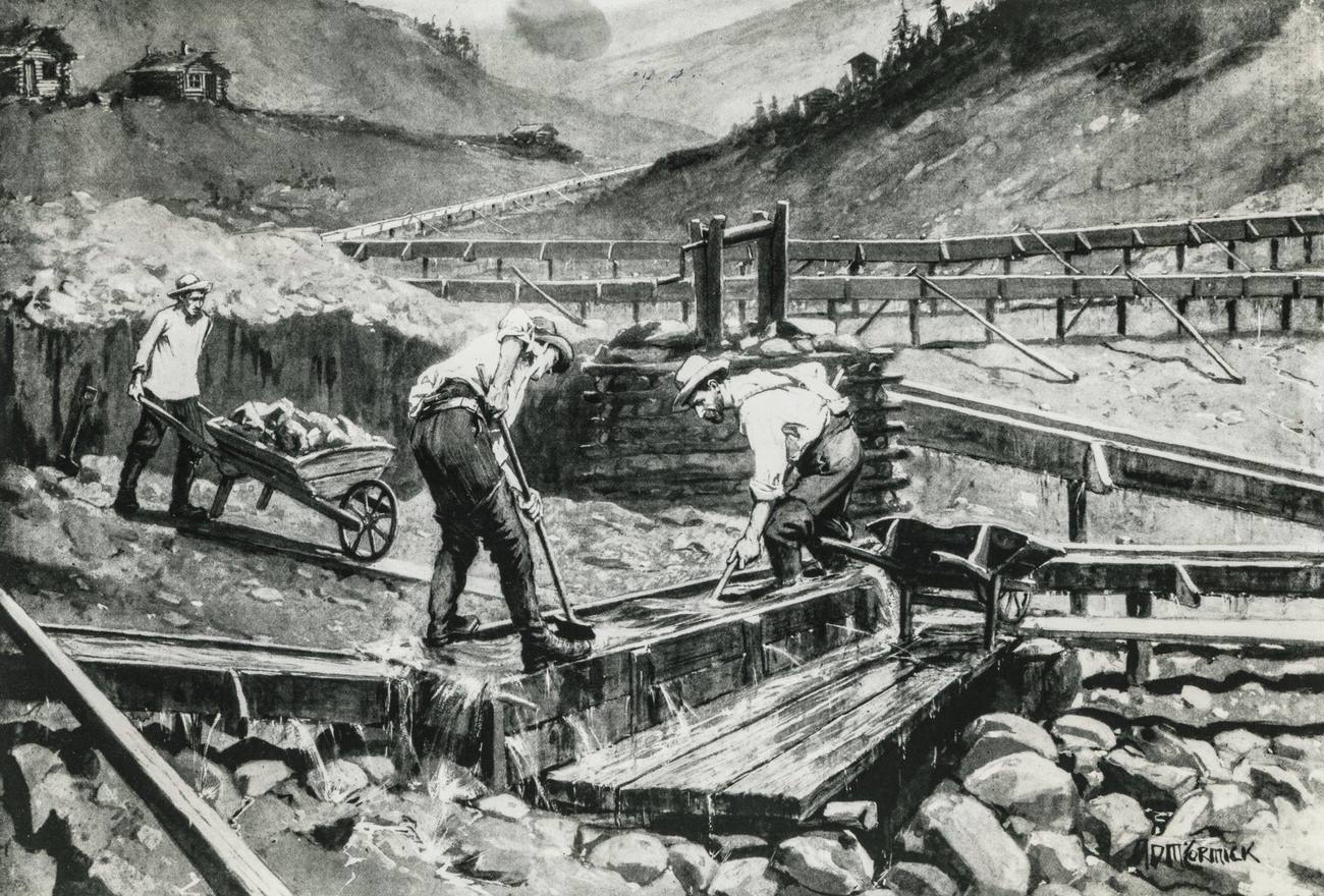 Gold prospectors at Bonanza Creek, Yukon, Canada, during the Klondike Gold Rush, 1898.