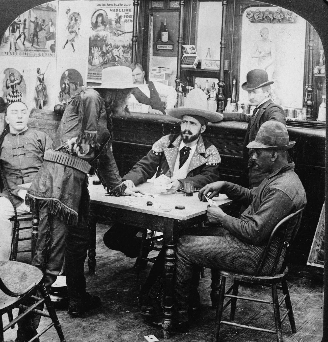 Staged photograph of a barroom dispute during the Klondike Gold Rush in Alaska, early 1900s.