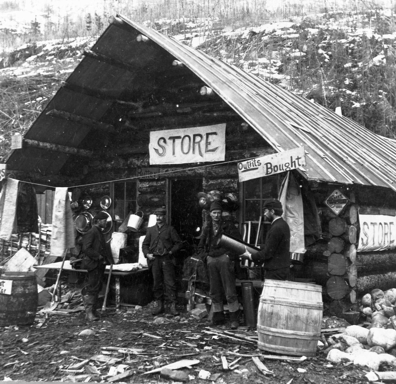 General store in Canyon City on the Dyea Trail, Alaska, during the Klondike Gold Rush.