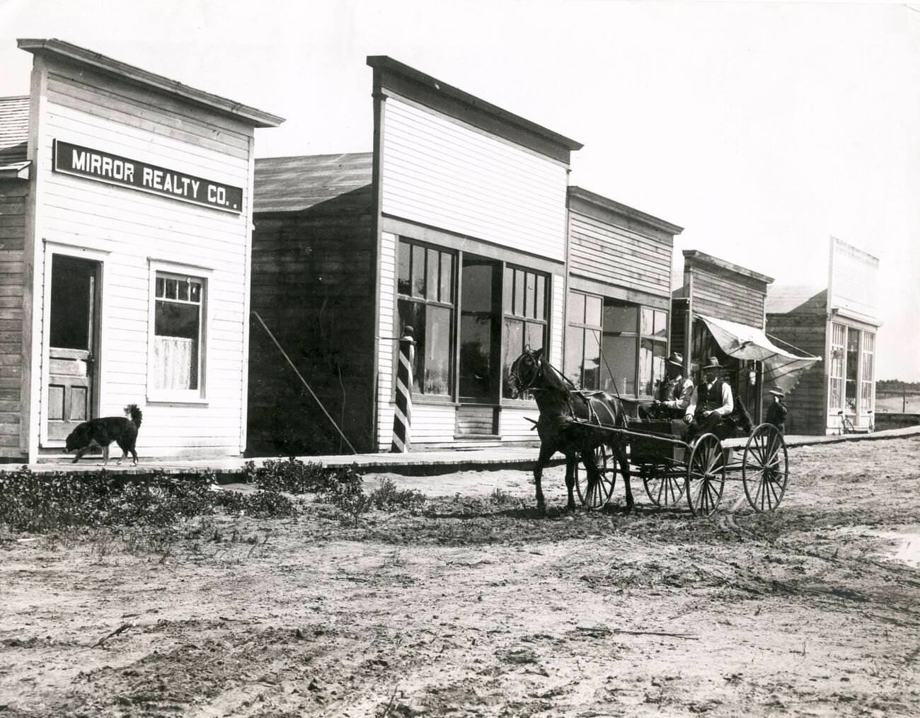 Horse and buggy on a street in Dawson City, Canada, circa 1920, a base during the Klondike Gold Rush.