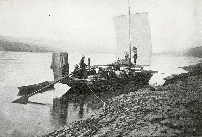 Klondikers sailing towards Dawson on the upper Yukon River, 1898.