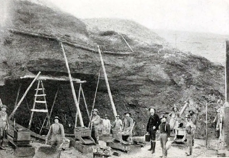 Hill-side mining showing the use of rockers, circa 1899.