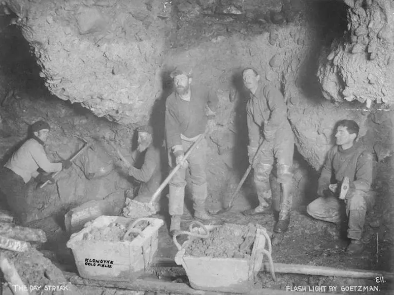 A mining operation in a Klondike gold field, Yukon Territory, circa 1896-1899.
