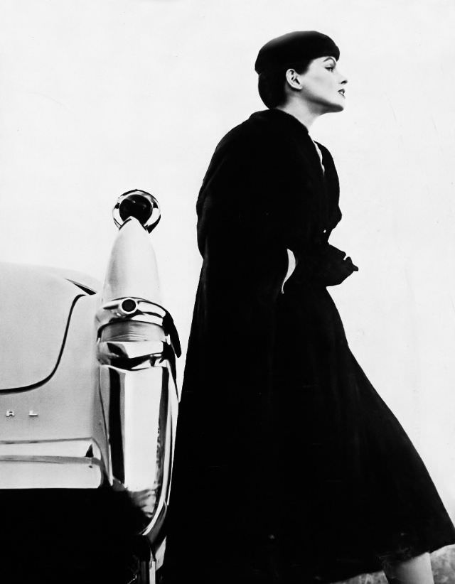 Linda Harper in a dark UMPA mink cape by Ben Kahn with a Christian Dior-New York beret, 1955.