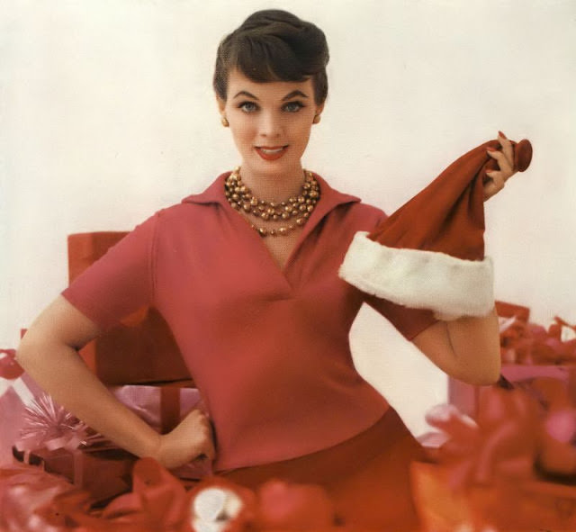 Linda Harper in a short-sleeved Acrilan sweater by Talbott, 1955.