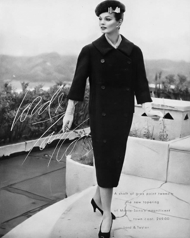 Linda Harper in a gros point tweed town coat by Monte-Sano at Lord & Taylor, 1956.