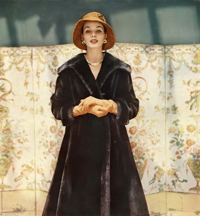 Linda Harper in a Fouke-dyed Alaska fur seal coat by Valerie, 1956.