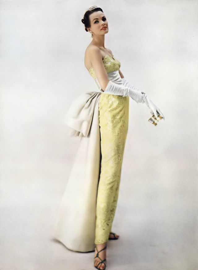 Linda Harper in a yellow lace and creamy satin gown by Harvey Berin and Karen Stark, 1952.