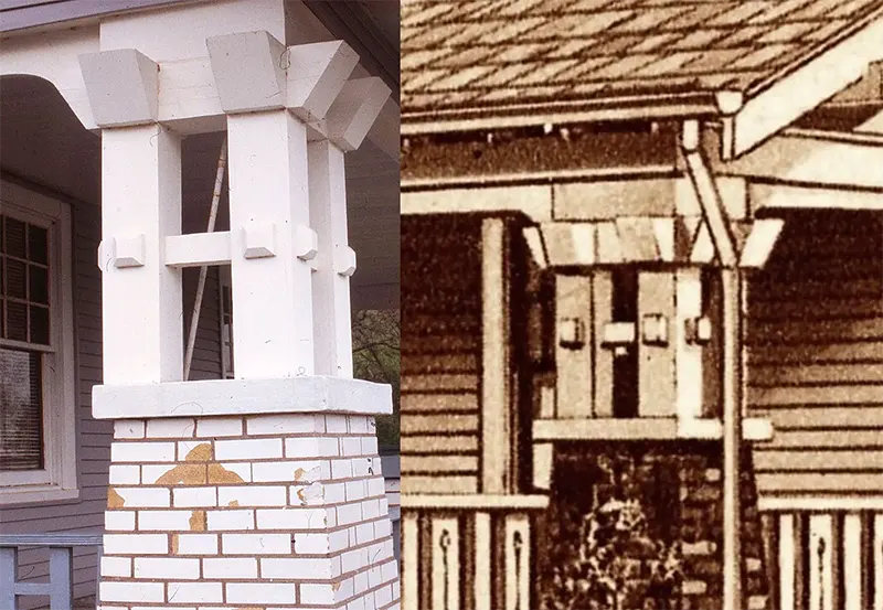 Column detail from a Sears Vallonia house, alongside its appearance in the catalog.