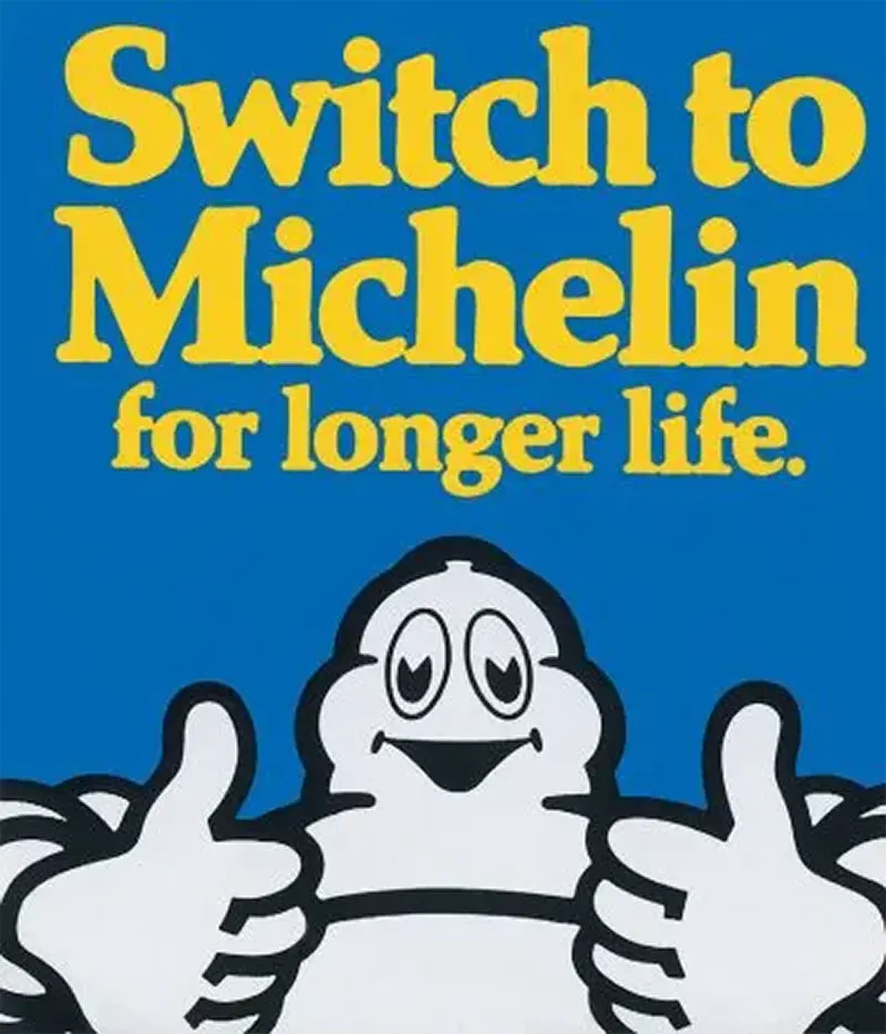 Transition to jolly Bibendum in posters, 1970s: "I’m Clinging in the Rain," 1975; "Switch to Michelin," 1978.