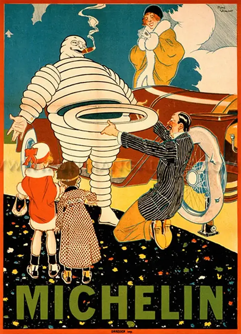 Bibendum giving a family a spare tire, advertisement.