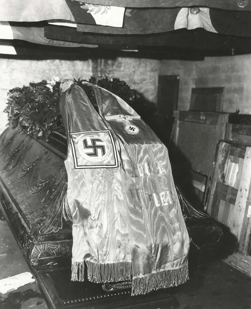 Frederick the Great's coffin with Nazi flag, Bernterode Mine, May 1, 1945.