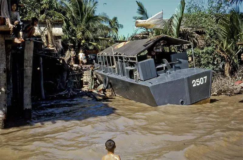 South Vietnamese war boat, Coconut Monk's island, near My Tho.