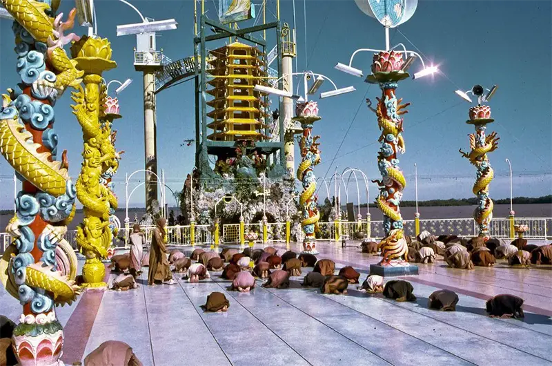 Coconut Monk devotees holding services, "floating" platform, 1969.