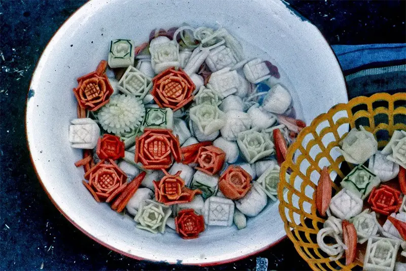 Decorative vegetables for Tet festivities, My Tho market, 1969.