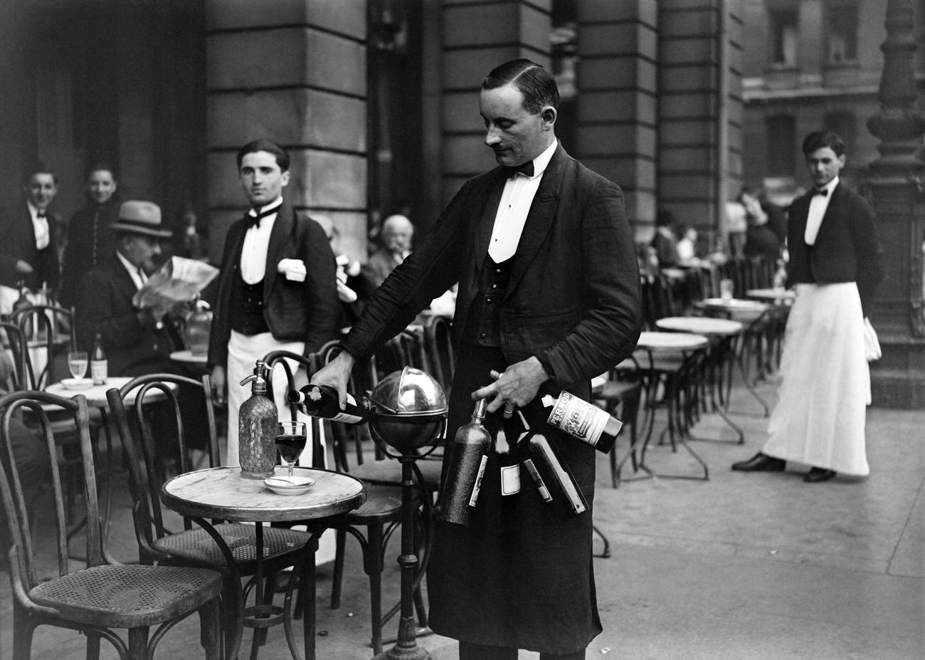 Parisian Waiters Serving Drinks at Cafe Terrace During Heatwave, 1928