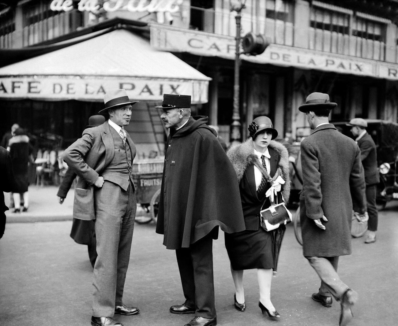 Danish Journalist Jorgen Bast Speaking with Policeman, Café de la Paix, Paris, 1928